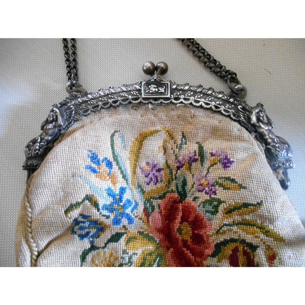 Antique 800 Silver Frame with Winged Angels and Swans, Petit Point Purse